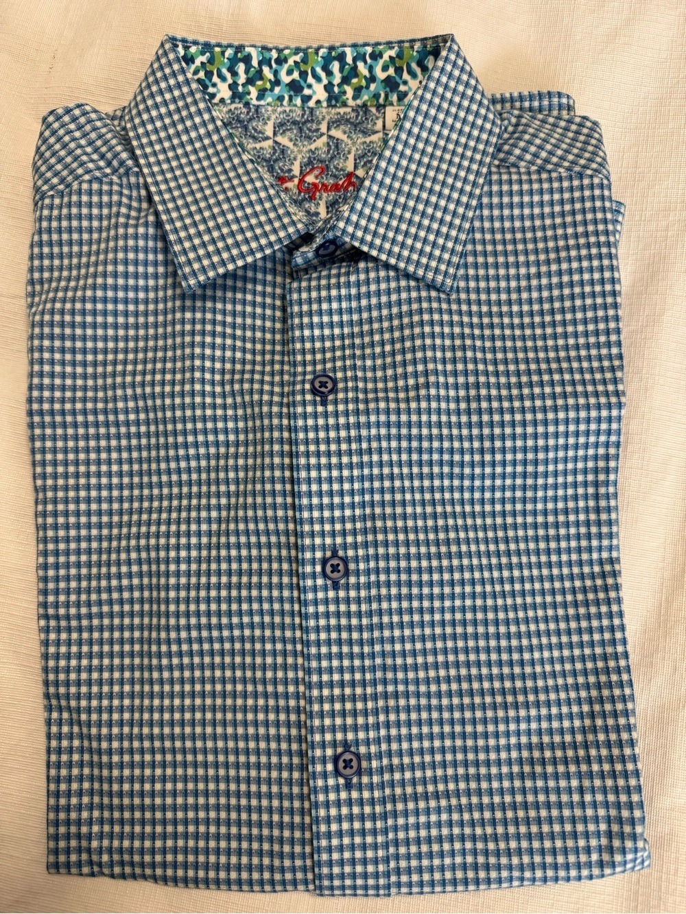 Robert Graham Teal and White Preppy Gingham Shirt Medium